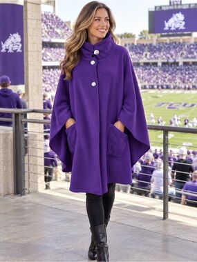 Le Moda Purple Fleece Cape Poncho OS Silver Buttons Pockets